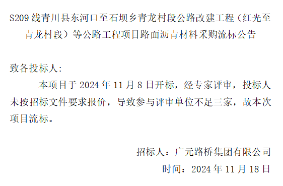 S209线青川县东河口至石坝乡青龙村段公路改建工程（红光至青龙村段）等公路工程项目路面沥青质料采购流标通告